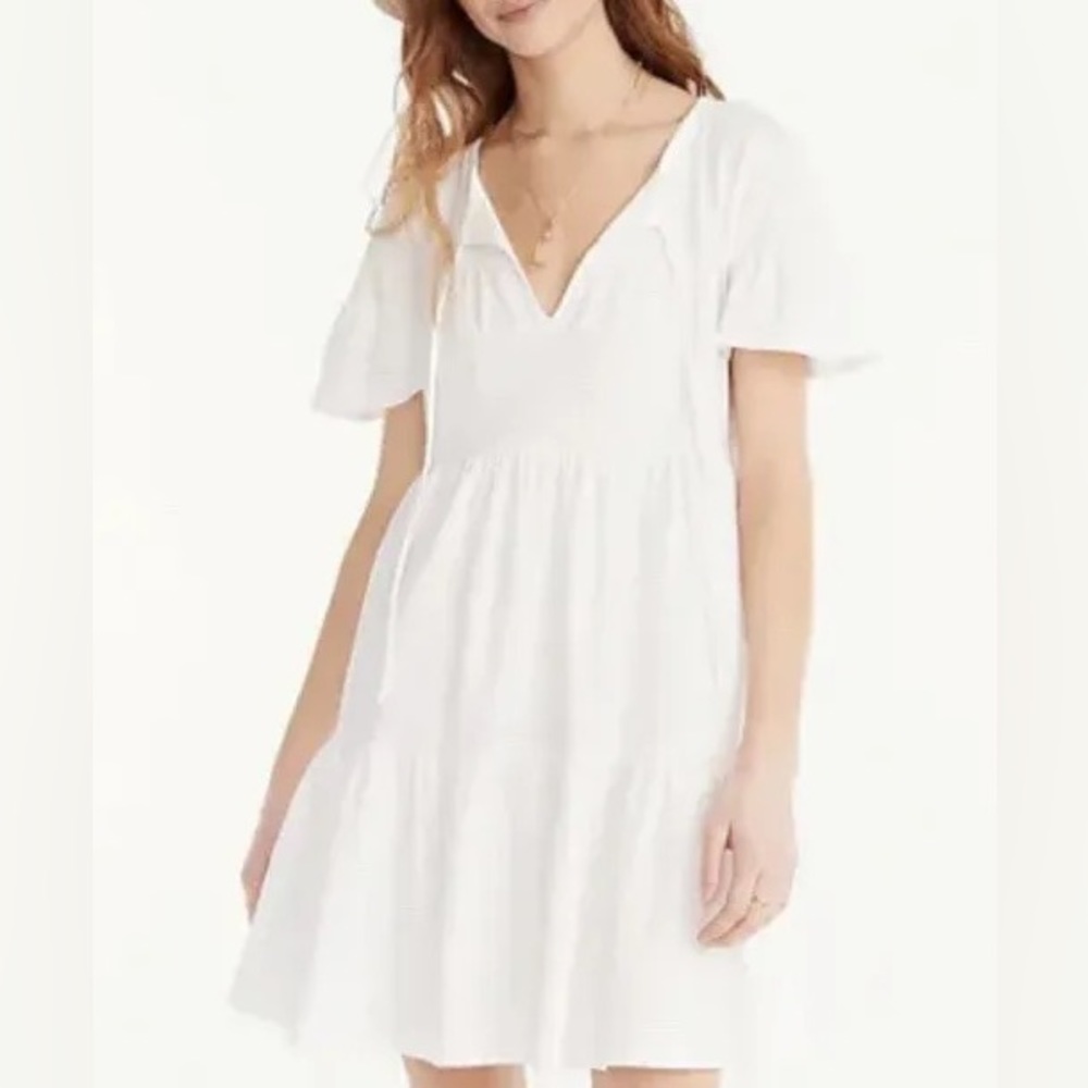 J crew short sleeve Broken-in jersey tiered‎ mini dress in white tie neck